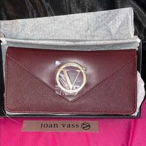 Joan Vass Wine Red Envelope Wallet with Gold Logo